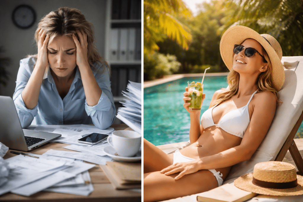 Contrasting work stress and relaxation: stressed woman in the office and relaxed woman by the pool