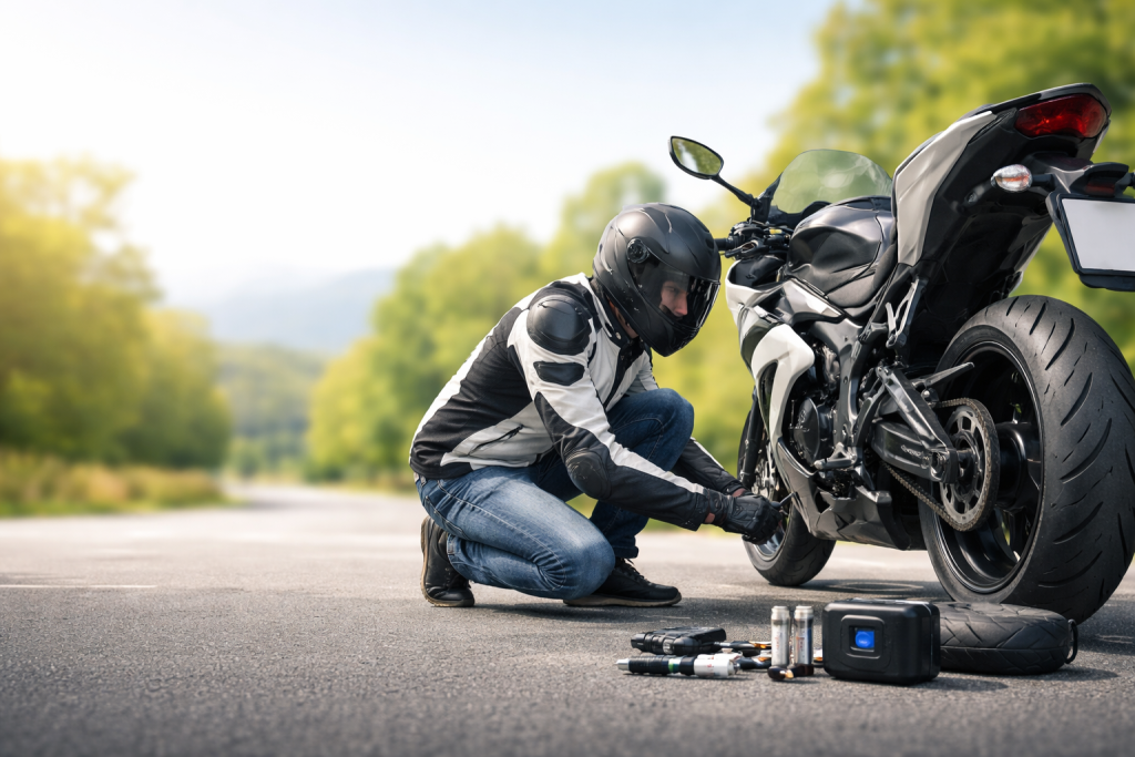 Motociclista che controlla la moto prima di partire per un viaggio su strada.