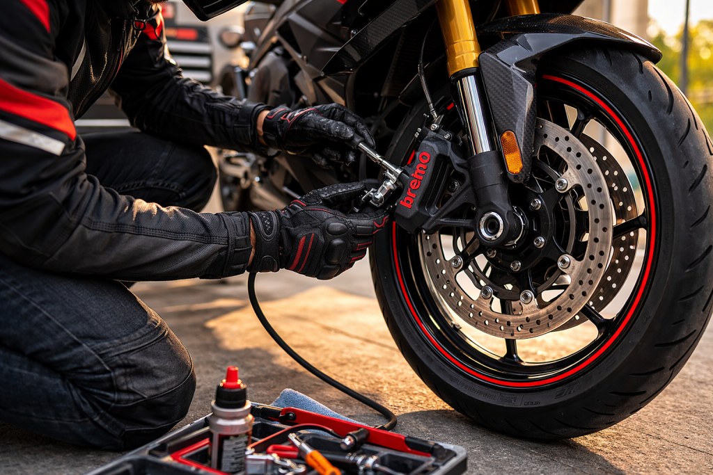 Motociclista che controlla il freno anteriore e la pinza freno di una moto sportiva prima della partenza.