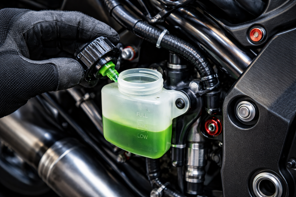 Controllo del livello del liquido refrigerante nella vaschetta di una moto.