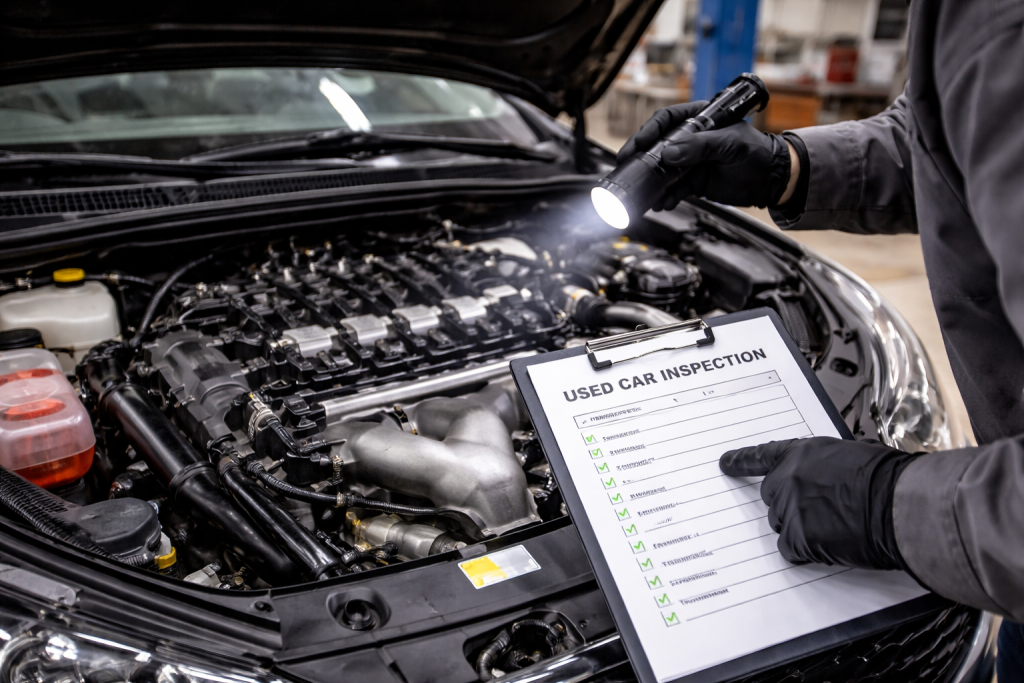 Controllo motore di un’auto usata con cofano aperto durante ispezione.