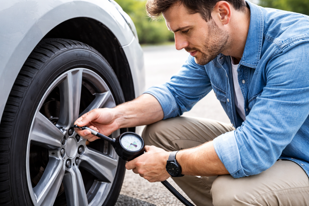 persona che controlla la pressione delle gomme dell’auto con manometro