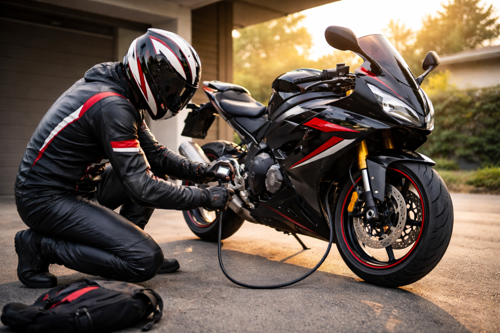 Motociclista che controlla la pressione dei pneumatici della moto con un manometro prima della partenza.