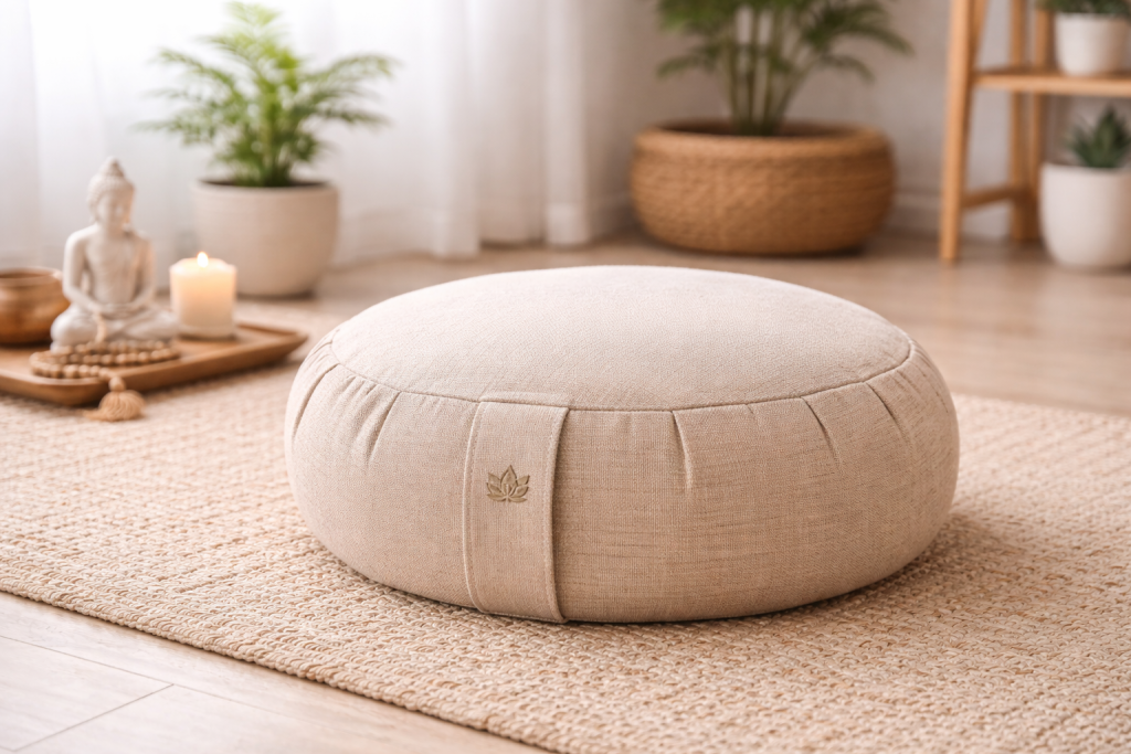 Zafu meditation cushion used for practicing meditation and mindfulness at home.