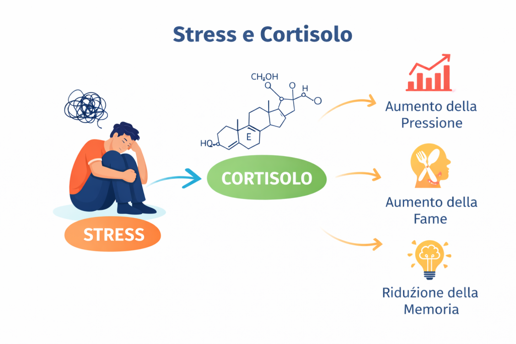 Diagramma che mostra la relazione tra stress e cortisolo e i suoi effetti sul corpo come aumento della pressione, fame e riduzione della memoria.