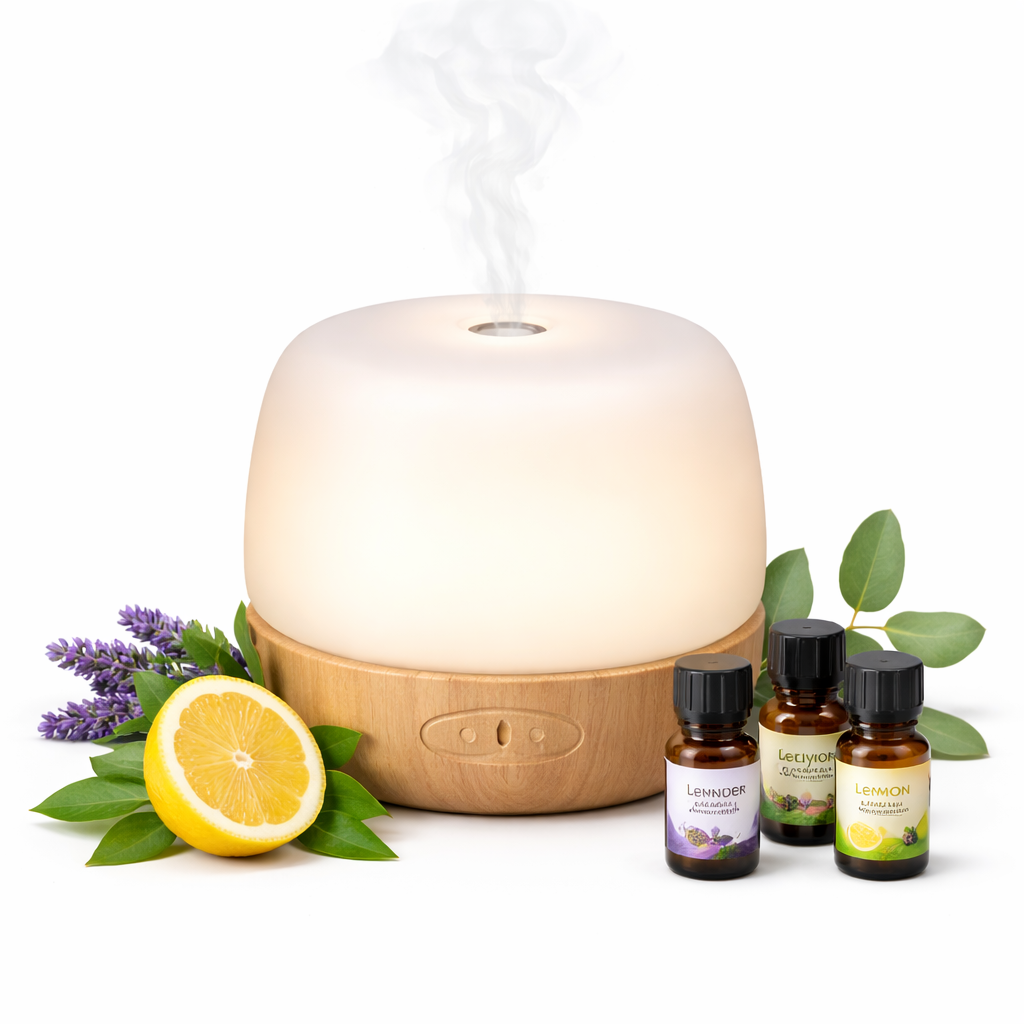 Aromatherapy essential oil diffusers on a table at home with aromatic steam for relaxation and stress reduction.