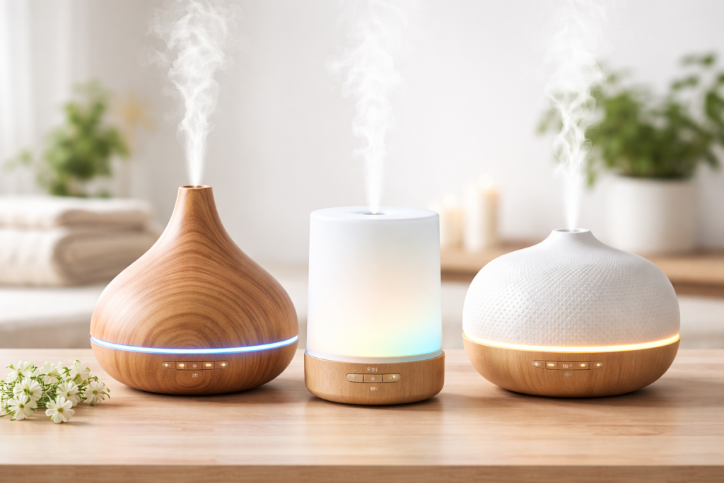 Tre diffusori di oli essenziali per aromaterapia su un tavolo in casa con vapore aromatico per rilassamento e riduzione dello stress.