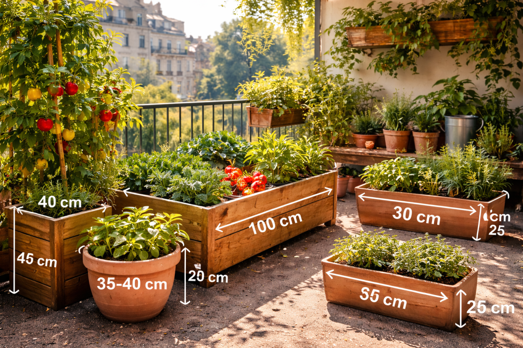 Pots of various sizes for a balcony garden with tomatoes, herbs, and sun-grown vegetables.