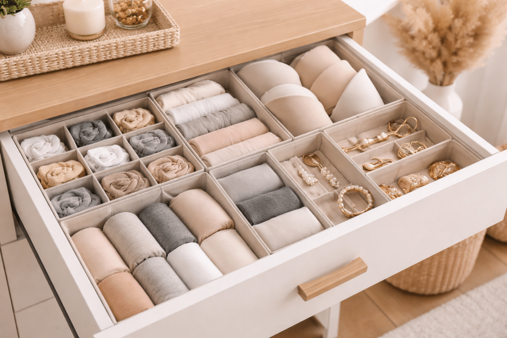 Cassetto organizzato con divisori per accessori e oggetti domestici