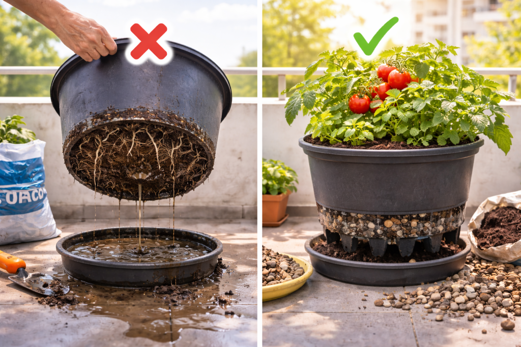confronto tra vaso senza drenaggio e vaso con drenaggio per piante dell’orto sul balcone