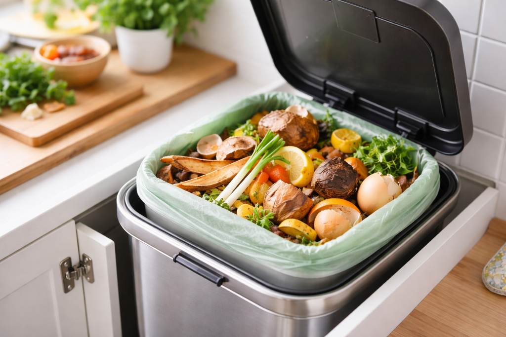 pattumiera della cucina con rifiuti organici aperta sul piano cucina
