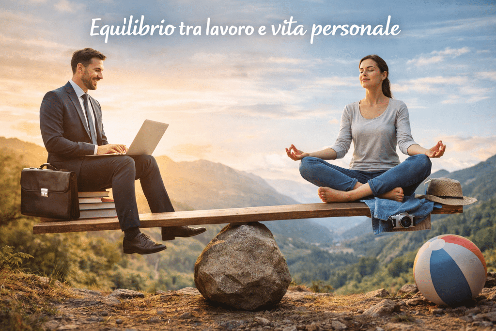 Person balancing work and personal life between office and leisure, realistic scene with laptop and relaxing moment.