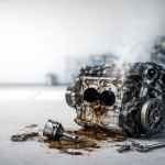 Motore auto danneggiato con cofano aperto, simbolo di errori di manutenzione che distruggono il motore