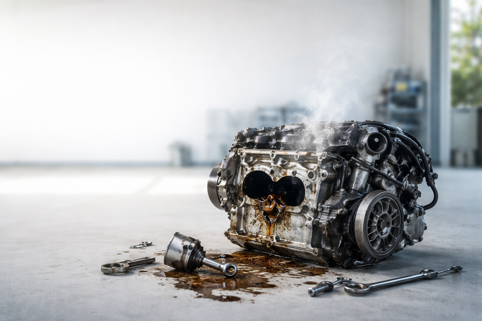 Motore auto danneggiato con cofano aperto, simbolo di errori di manutenzione che distruggono il motore