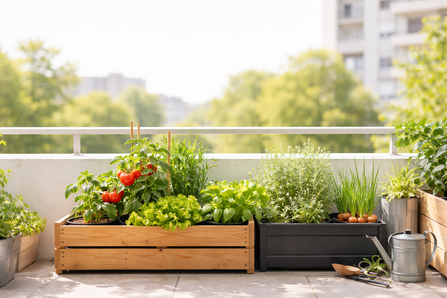 errori nell’orto sul balcone con vasi di pomodori, lattuga e erbe aromatiche