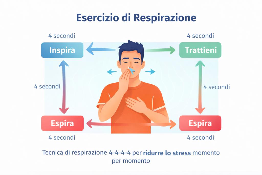 Infografica che mostra un esercizio di respirazione antistress con tecnica 4-4-4-4 per rilassarsi e ridurre lo stress.