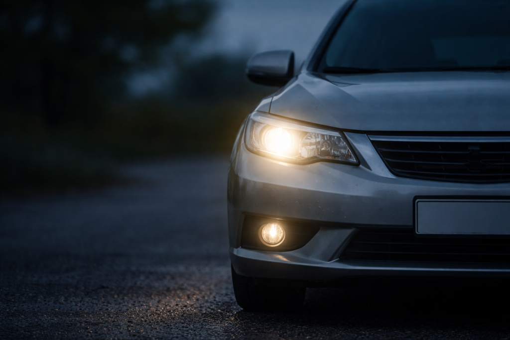 Fari anteriori di un’auto con luce debole causata da batteria scarica di notte