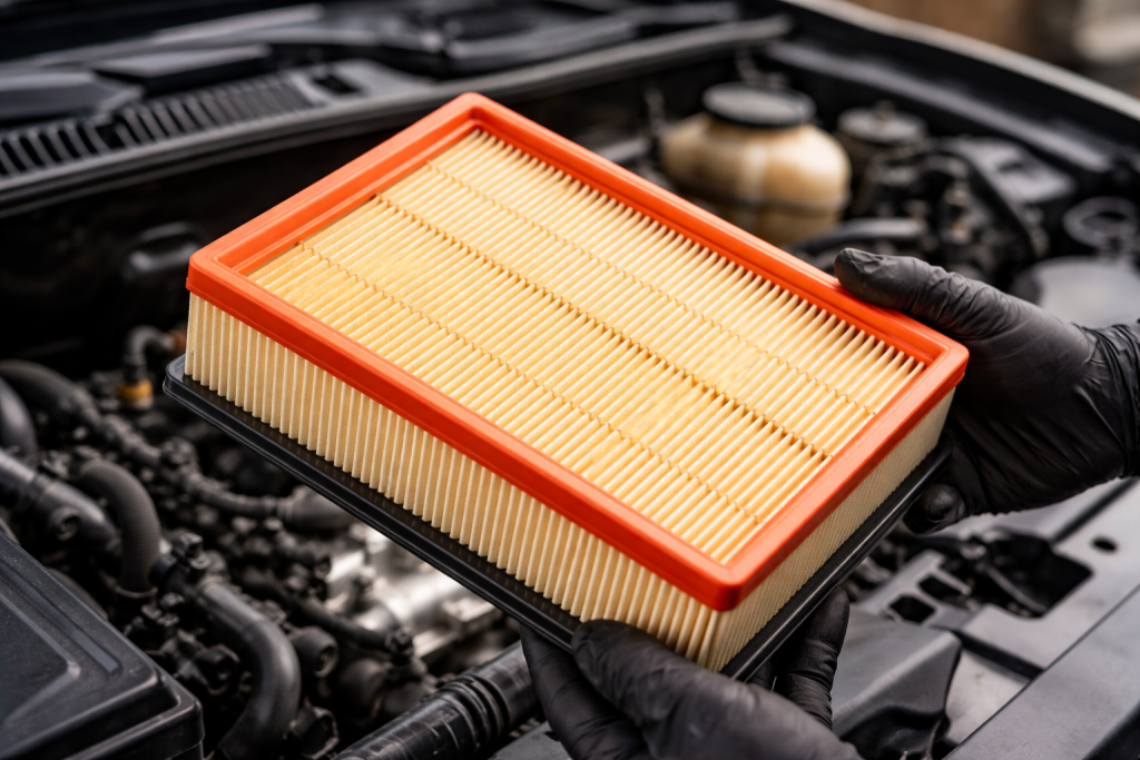 Filtro aria auto nuovo tenuto da un meccanico nel vano motore