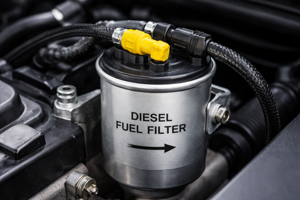 Filtro gasolio auto installato nel vano motore di un veicolo diesel