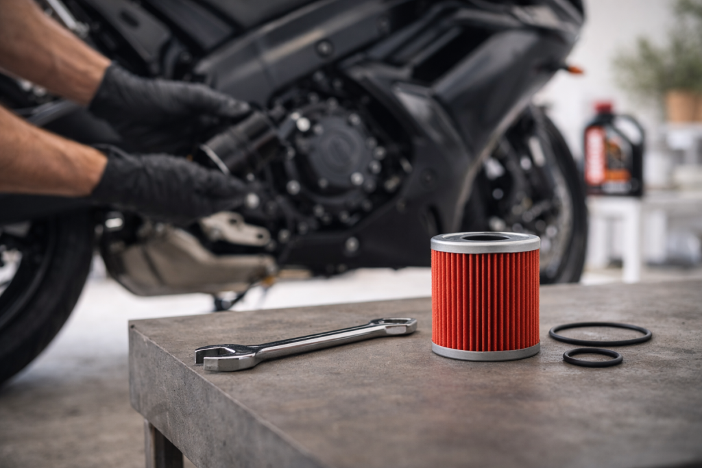 Filtro olio moto a cartuccia con chiave e guarnizioni durante la manutenzione del motore