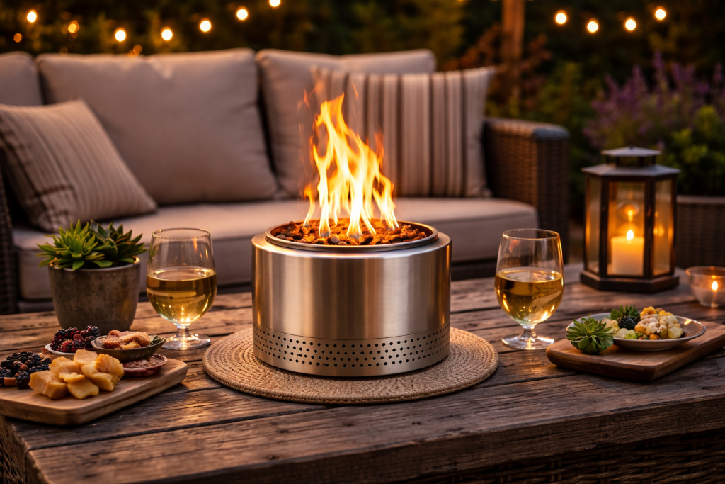 fire pit da tavolo su terrazza con fiamma accesa, bicchieri di vino e atmosfera serale con luci decorative
