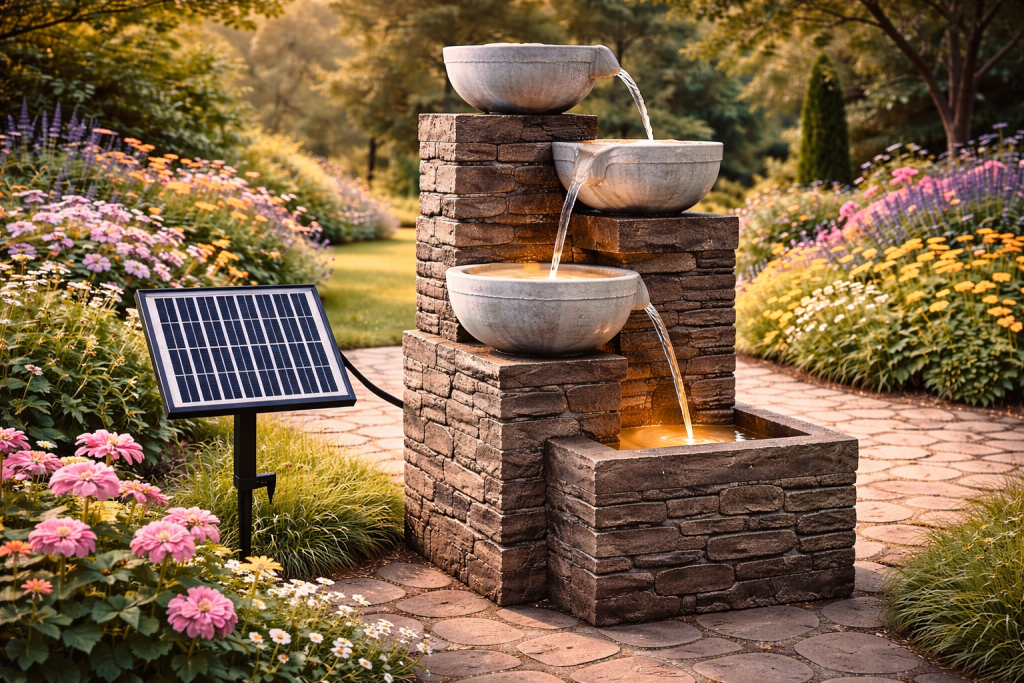 fontana decorativa da giardino con cascata e pannello solare