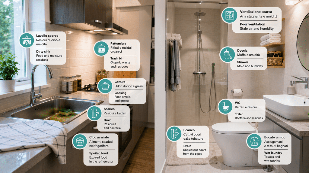 Modern kitchen and bathroom with icons highlighting the main sources of household odors such as drains, garbage cans, refrigerators, and sinks.