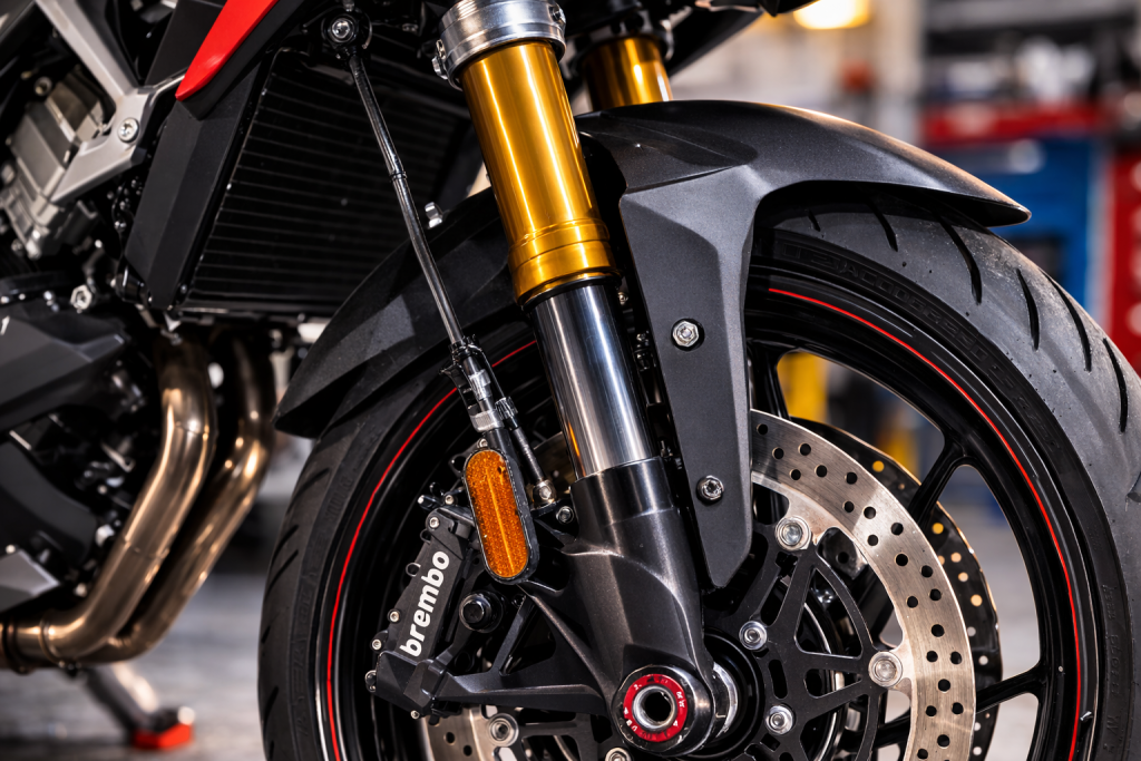 Forcella anteriore di una moto con sospensione e freno a disco.