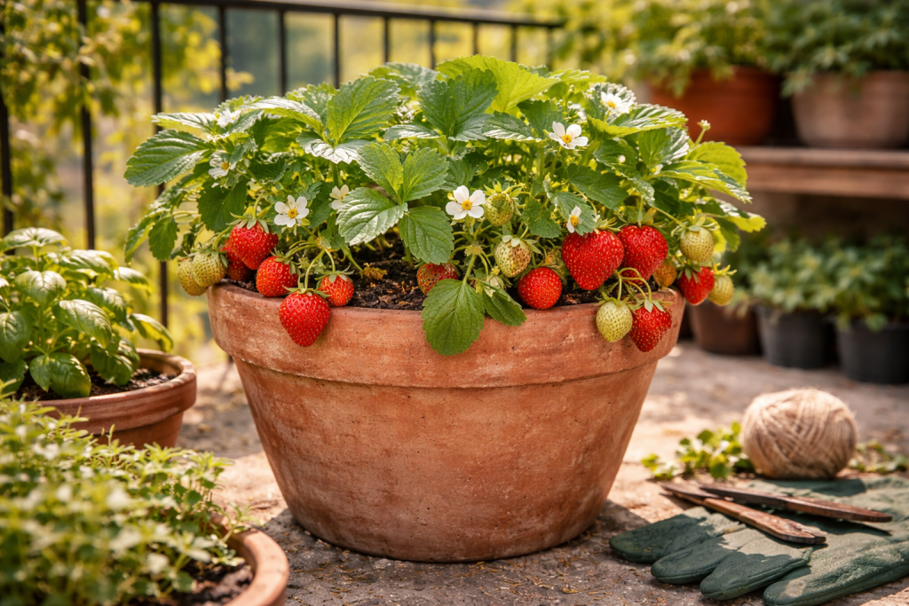 Strawberries grown in pots on a balcony with ripe fruit exposed to the sun