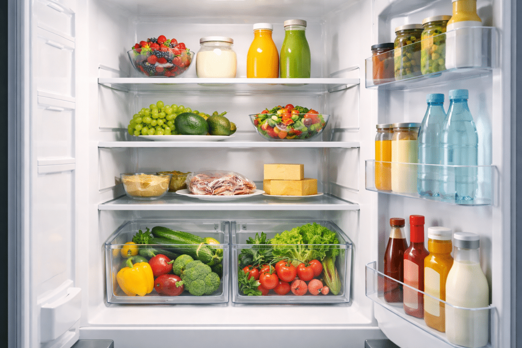 frigorifero pulito e organizzato con cibo fresco sugli scaffali
