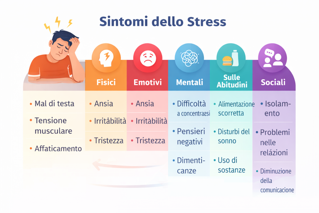 Grafico informativo che mostra i principali sintomi dello stress come stanchezza, ansia, tensione muscolare e difficoltà di concentrazione.