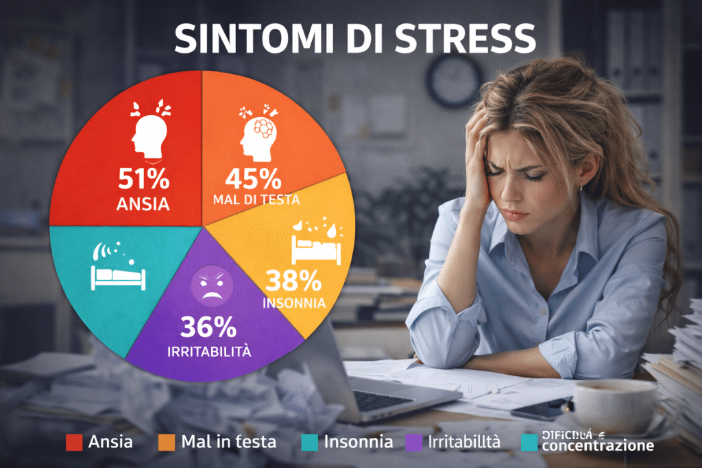 Stress symptom chart with fatigued person and visual indicators of anxiety, insomnia, headache and tension