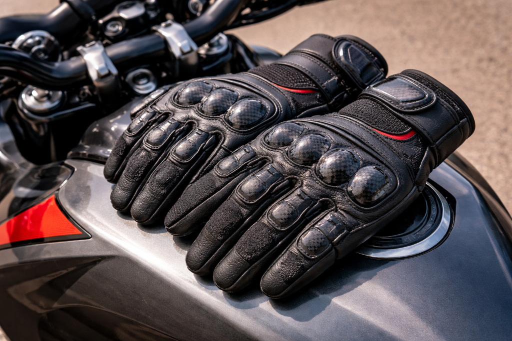Guanti da moto con protezioni rigide sulle nocche appoggiati su una motocicletta.