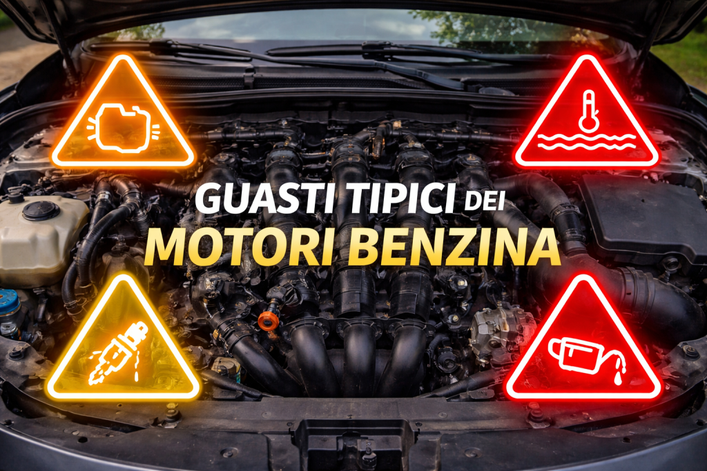 Motore benzina con cofano aperto durante diagnosi di guasti e problemi di funzionamento