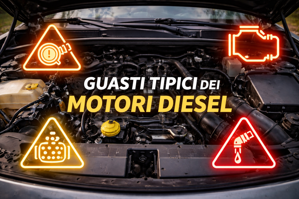 Motore diesel con componenti visibili come iniettori e turbo durante diagnosi guasto