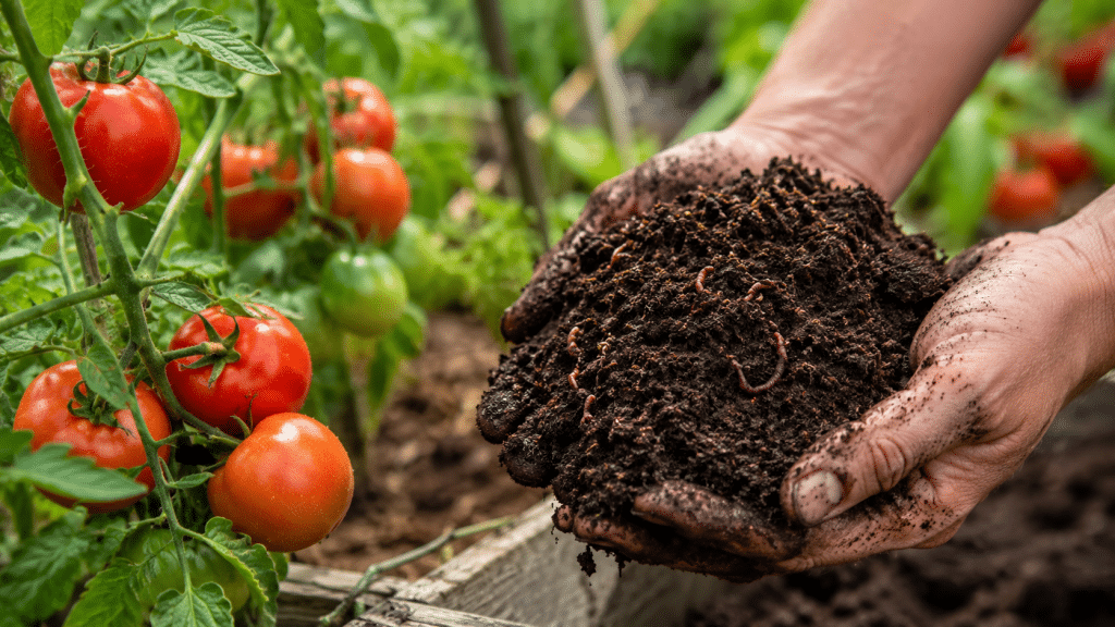 Humus de lombriz utilizado como fertilizante natural para tomates