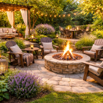 giardino illuminato con pergola e area relax attorno a un fire pit