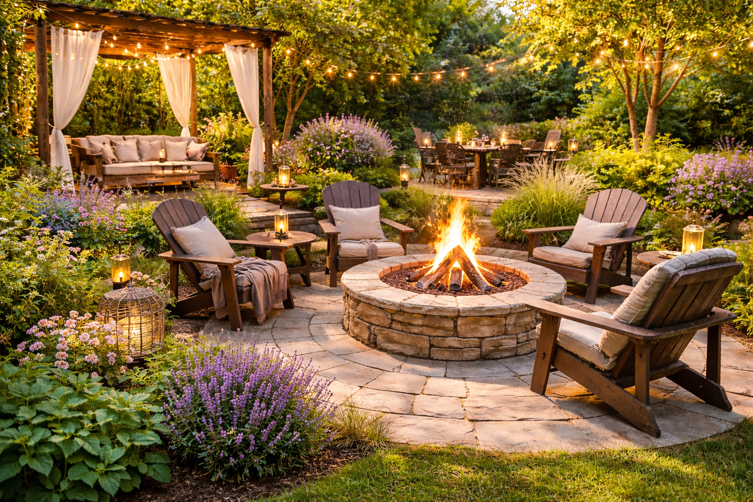 giardino illuminato con pergola e area relax attorno a un fire pit