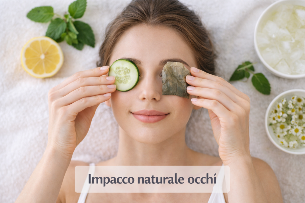 “Impacco naturale sugli occhi con fette di cetriolo per ridurre gonfiore e occhiaie”