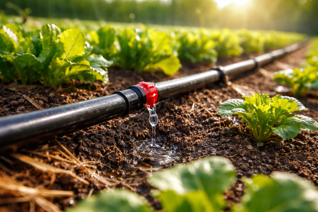 Sistema di irrigazione a goccia che irriga piante dell’orto tramite tubo con gocciolatori vicino al terreno.