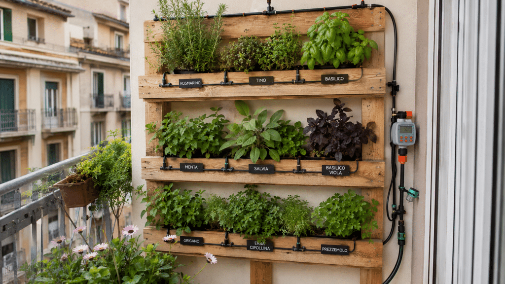 Irrigation system with hose and drippers for a vertical vegetable garden on the balcony