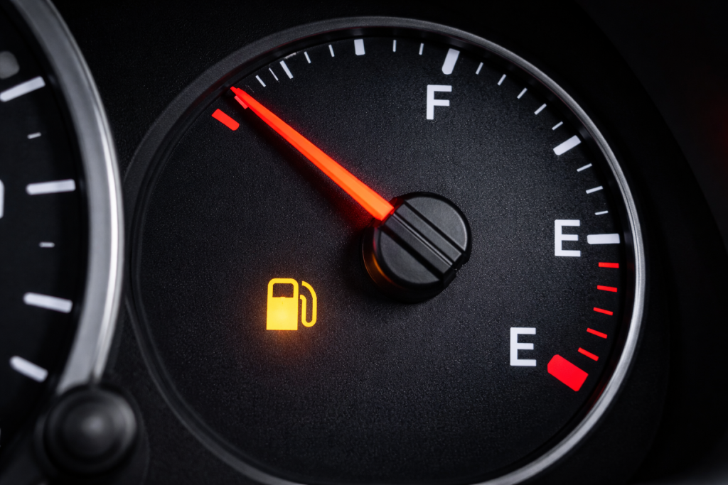 Indicatore benzina in riserva sul cruscotto dell’auto con spia carburante accesa