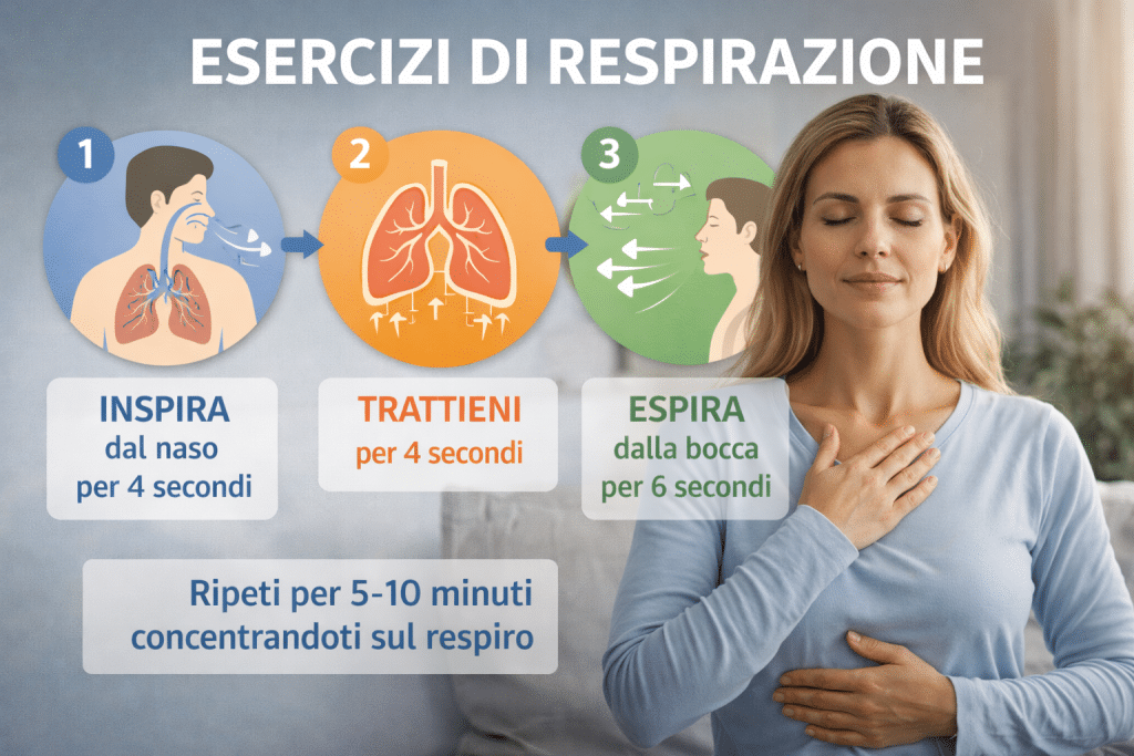 Infographic on breathing with relaxed person practicing breathing exercises and indicators of benefits on body and mind