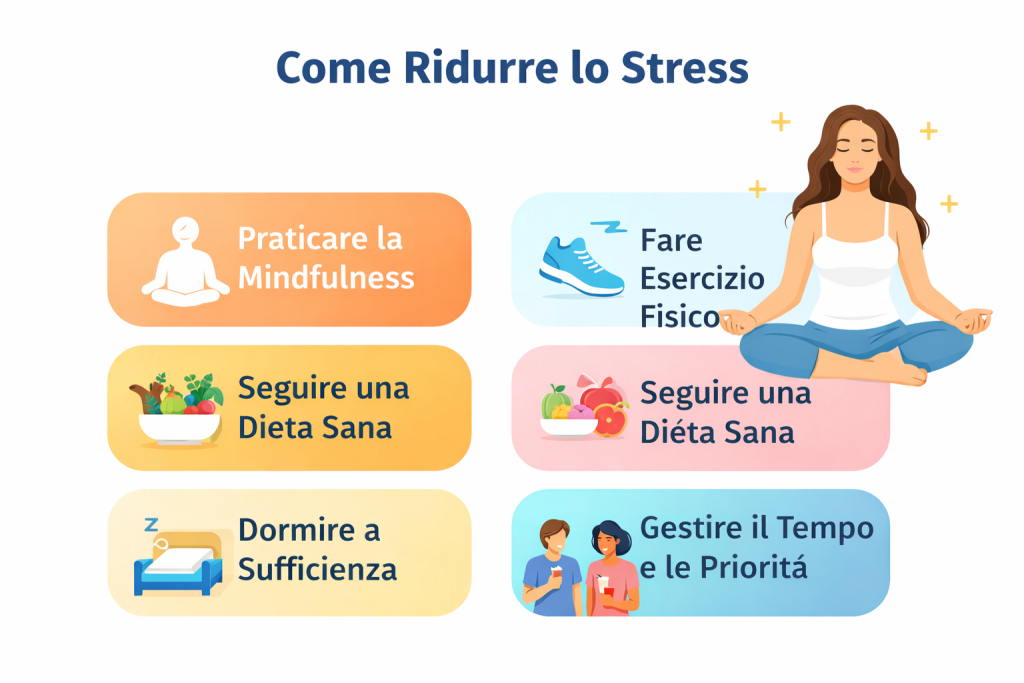 Infografica con consigli e tecniche per ridurre lo stress e migliorare il benessere mentale nella vita quotidiana