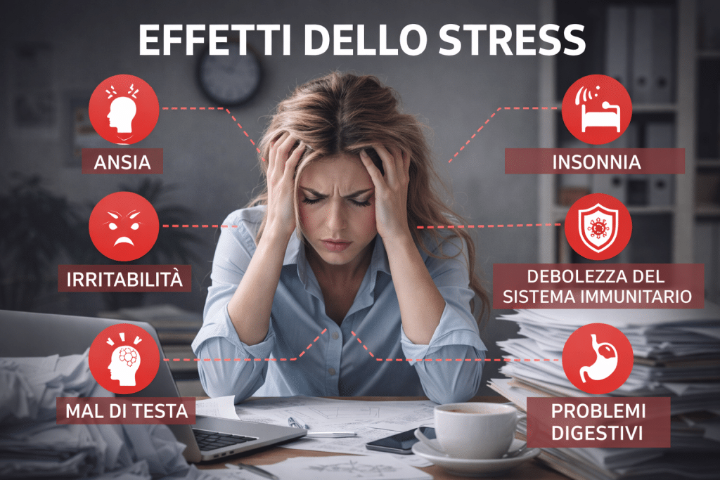 Infographic on stress with physical and mental symptoms depicted by a person in a work environment under pressure