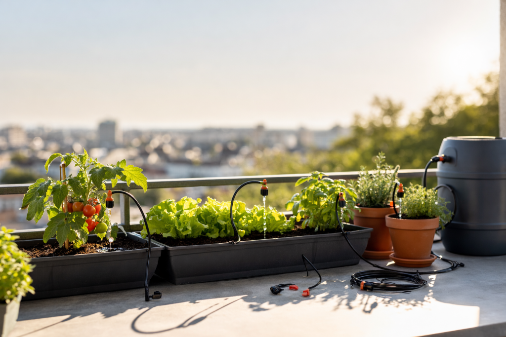 sistema di irrigazione a goccia per orto sul balcone con piante in vaso