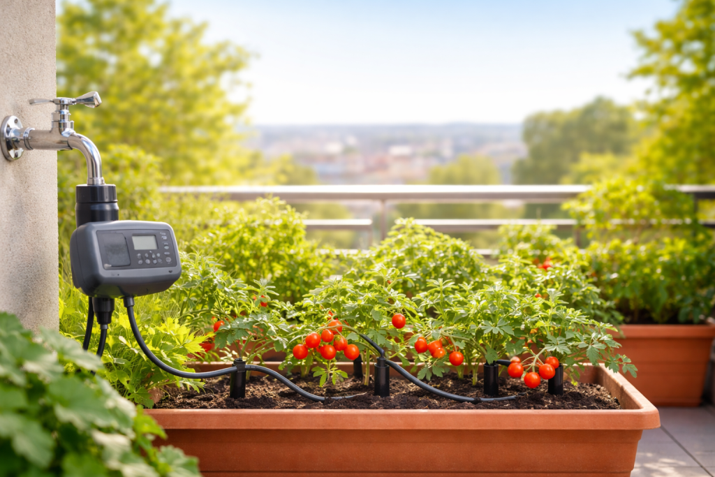 irrigazione automatica orto sul balcone con sistema a goccia e timer per piante in vaso