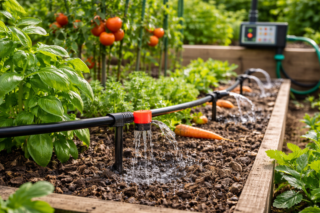Sistema di irrigazione a goccia installato in un orto con tubi e gocciolatori che bagnano il terreno vicino alle piante.