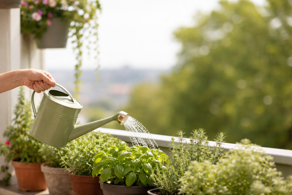 irrigazione manuale piante in vaso sul balcone con annaffiatoio