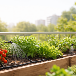 Sistema di irrigazione a goccia per orto sul balcone con pomodori, lattuga ed erbe aromatiche in cassette di legno